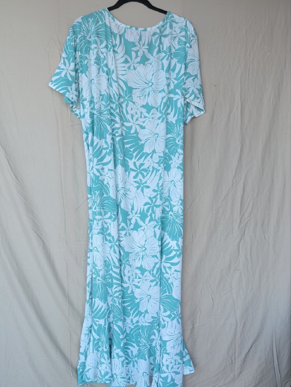Casual Teal & White Floral Maxi Dress Muumuu Flounce Hem Vacation Resort Wear - Picture 6 of 10